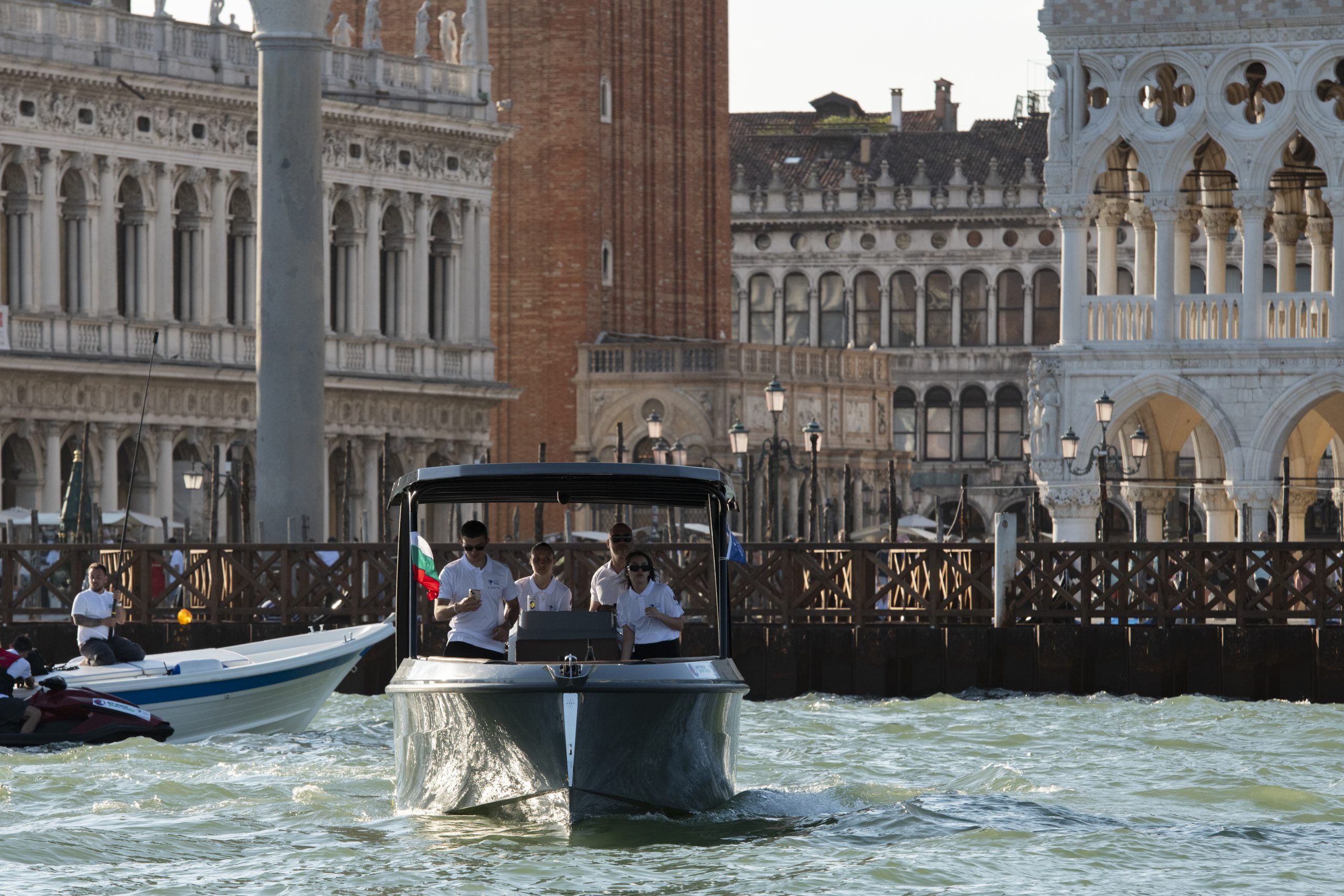 The Helios Omega 7.2 sailing in Venice with passengers on board