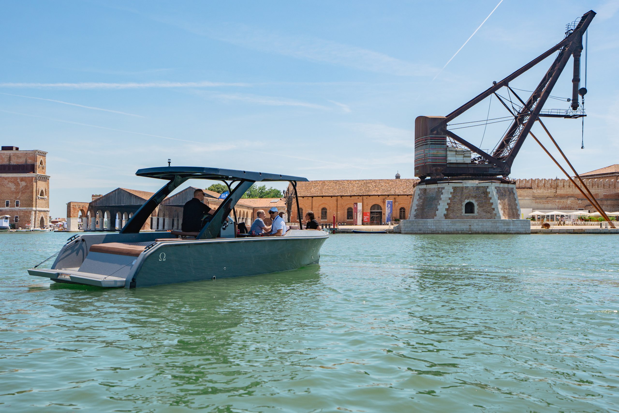 Helios Omega 7.2 sailing near the shipyard area in Venice
